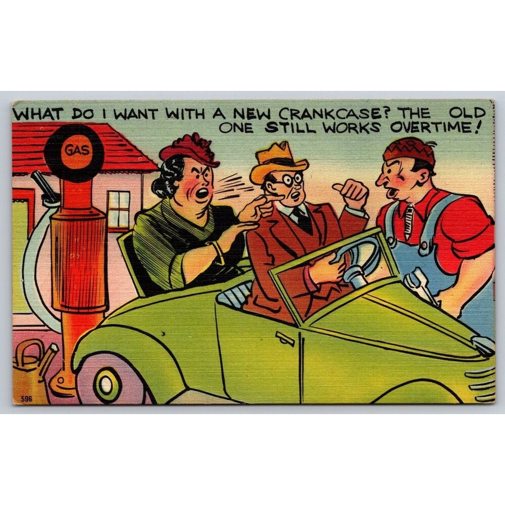 Vintage 1940s Linen Comic Postcard Gas Station Old Crankcase Humorous Tichnor